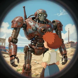 wholesome animation key shot, fish eye lens, intricate, redhead explore rusty robot schwerer gustav!!!!, omaha beach, ambient occlusion, studio ghibli, pixar, disney concept art watercolor illustration by dao le trong, daniela uhlig, craig mullin, sorolla, dean cornwell, nc wyeth, satoshi kon!!