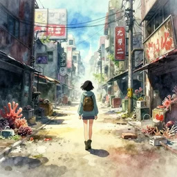 incredible anime movie scene, vanishing point, hoody woman explorer, watercolor, underwater market, empty road, coral reef, billboards, harsh bloom lighting, rim light, abandoned city, paper texture, movie scene, caustic shadows, deserted shinjuku junk town, old pawn shop, bright sun ground, wires, telephone pole, pipes, yellow, red, dusty