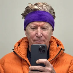 joe Biden looking fresh with his newest waves on the hair while wearing orange puff jacket and purple durag, phone photo