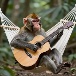 a monkey playing the guitar while in a hammock, photorealistic, 4 k