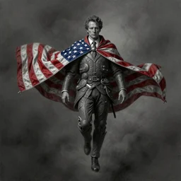 stephen colbert flying in an american flag cape, stoic, fantasy, intricate, elegant, beautiful, highly detailed, charcoal, centered, dark, smokey, digital painting, artstation, concept art, smooth, sharp focus, illustration, art by artgerm and greg rutkowski and alphonse mucha