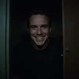 a still from a horror film of a creepy Rick Astley smiling inside a closet in a dark room, highly detailed face, 8k