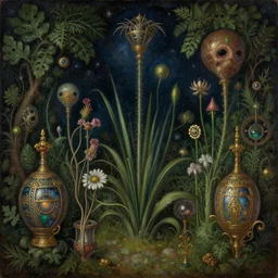 close - up view of alien plants and flowers in a garden at night. decorated with foliage, faberge, and filigree. pulp sci - fi art for omni magazine. cosmic. baroque period, oil on canvas. renaissance masterpiece, by r. s. connett. highly detailed digital art