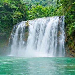 Waterfall in a beautiful, green, lush paradise, creating mist in the lake below, trending artstation, cgsociety, 8k, hdr, hyper-detailed, digital painting by Aivazovsky