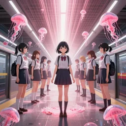 3d anime poster in the style of Hiro Kiyohara, realistic anime school girls stands on the subway station in tokyo, portrait, vapor, the palms come from the ground, rays of light breaking through the air, pink jellyfish everywhere, infrared tones, super detailed and realistic, grid and web, minimalistic composition, center of frame, dramaticlly deep composition, pastel tones, center of the frame, redshift, octane, cinematic, hyper realism, high detail, octane render, 8k