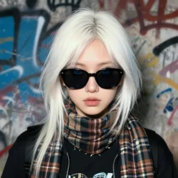 highly detailed portrait of a sewer punk lady student, sunglasses, blue eyes, tartan scarf, white hair by atey ghailan, by greg rutkowski, by greg tocchini, by james gilleard, by joe fenton, by kaethe butcher, gradient blue, black, brown and cream color scheme, grunge aesthetic!!! ( ( graffiti tag wall background ) )