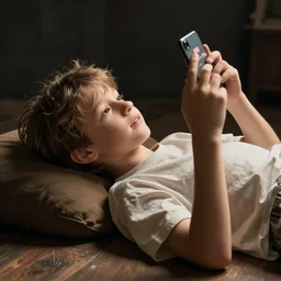 beautiful boy lying on the bad with the stomach upward and watching videos