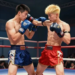 buakaw muay thai fighting solo against a japanese golden hair teenager street punk in the boxing stage, john woo, akira kurosawa, george miller, james cameron, cinematic, ultrarealism, red water splash, michael bay,