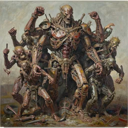 thick acrylic paint of flayed god machines, cluster battle chaos gods, intricately macerated by age, sentient, dethroned goliath machine, whipping trash patina sheen rotting, by alberto bontempi, alex ross, shigeru komatsuzaki, wayne d barlowe, alex ross, simon bisley & boris vallejo, enric torres, hyper realism,