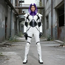 beautiful fashion model cybo 6 with white sci - fi tactical gear, black leather garment, purple transparent sci - fi hood, full shot fashion photography, alleyway, abandoned factory, by irving penn and storm thorgerson, ren heng, peter elson