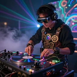 a person wearing goggles and visor and headphones using a steampunk record player contraption, wires and tubes, turntablism dj scratching, intricate planetary gears, cinematic, imax, sharp focus, leds, bokeh, iridescent, black light, fog machine, hazy, lasers, hyper color digital art