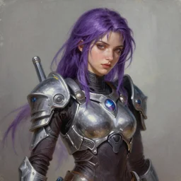 a portrait of a very beautiful warrior woman in futuristic battle armor, Alexandria\'s genesis, chin-length purple hair, bored, illustration, soft lighting, soft details, painting oil on canvas by mark arian by artgerm, trending on artstation, 4k, 8k, HD