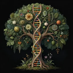 beautiful human dna! as fantasy tree of life!, enchanted botany illustration, dark background, by marianne north, by android jones, digital matte painting, very coherently symmetrical