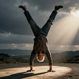morgan freeman doing a handstand, looking at the camera