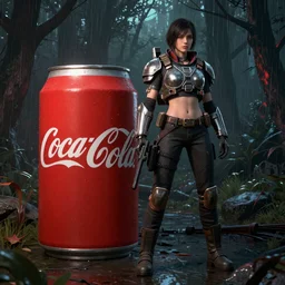 A girl in a noir outfit stands next to a power armor from the company core-cola, red coloring, stands against the background of a radioactive forest, graphics, fallout 4 render, 3d computer render, maximum details, rain, night, spotlight,