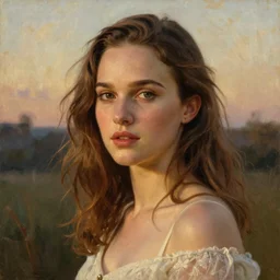 Painting of young Natalie Portman. Art by william adolphe bouguereau. During golden hour. Extremely detailed. Beautiful. 4K. Award winning.