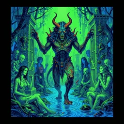 A photograph of a hellspawn demon greeting souls of sinners at the gates of the River Styx by Dan Mumford and Josan Gonzalez and Feng Zhu and Loish and Stephen Gammell: 1, black border: 0.75, vibrant: 0.75, psychedelic, green: 0.5, blue: 0.5
