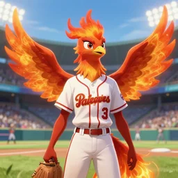 beautiful portrait of a female anthropomorphic phoenix fire bird fursona wearing a baseball uniform. baseball stadium background. character design by disney, charlie bowater, ross tran, artgerm, and makoto shinkai, detailed, soft lighting, rendered in octane