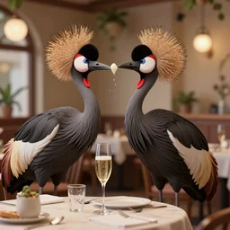 black crowned crane drinking champagne in a restaurant by greg rutkowski and thomas kinkade, trending on artstation, 3 d render octane