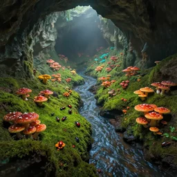 a colorful fungus garden in a cave, birds eye view, Hiroo Isono, dark, foggy, cavern, beetles running through the moss, psychedelic, river running through it