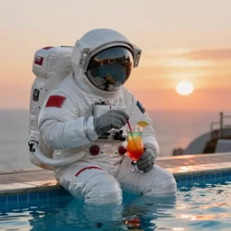 astronaut sipping a colored cocktail in a swimming pool during sunset