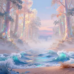 highly detailed holographic iridescent glowing ethereal sci fi world with forests, deserts, ocean waves, fog at dusk, by gilbert williams, by simon stalenhag, by beeple, by bruce pennington, by moebius, octane render, with many different pastel shades of blue pink orange yellow green, beautiful volumetric lighting