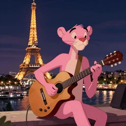 django reinhardt playing guitar, background paris at night in the style of the pink panther show, cartoon, cell shading, 4 k