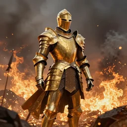 knight in a golden armor in the middle of a war around fiery and smoky landscape, stylized, artgerm, artstation, hd, cgsociety, cgi, realistic, dramatic, cinematic, artistic, trending, detailed
