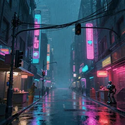 retro cyberpunk retro city. street view. max hay. digital render. digital painting. night. raining. rain. neon. road signs. traffic lights. cables. advertisements. stalls. robot. dangiuz.