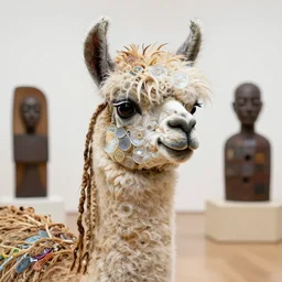 llama with dreadlocks, detailed, made from glasses, by ernst haeckel, james jean, el anatsui, mandy jurgens