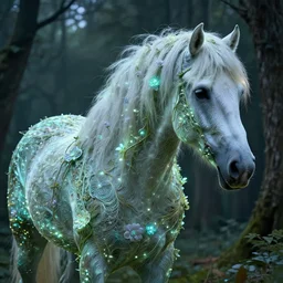 a stunning horse with a thick mane of bioluminescent vines and flowers running through the woods by greg rutkowski, high key lighting, volumetric light, digital art, highly detailed, fine detail, intricate, ornate, complex, octane render, unreal engine, photorealistic