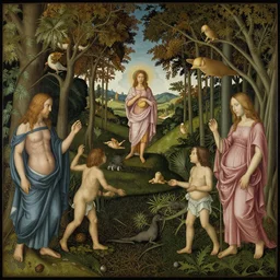 Extremely detailed, intricate painting in style of Hieronim Bosch showing a symbiosis of Humans and nature.