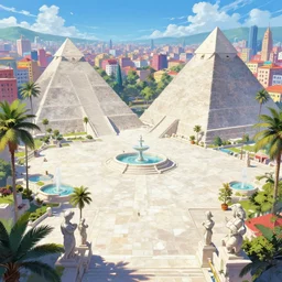 A wide open courtyard made of glistening white limestone in an epic, colorful city, anime, pyramids, palm trees, fountain, statues, a fantasy digital painting by Greg Rutkowski and James Gurney, trending on Artstation, highly detailed