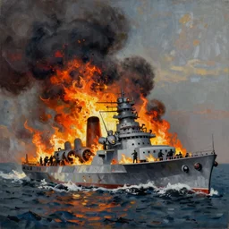dieselpunk battleship on fire, full shot, side view, impressionist painting