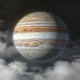 In the clouds of Jupiter, by Makoto Shinkai and Thomas Kinkade, beautiful matte painting, trending on cgsociety and unreal engine，light effect，highly detailed，super wide angle，