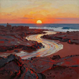 Tides turn. The sun sets, and the sea becomes a red desert of lava and rocks, oil on canvas by Tony Sart and Jonathan Harris
