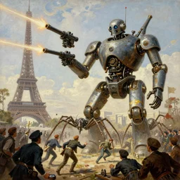 giant steampunk robot - spiders attacking shooting machine guns at french revolution in paris, socialist realism painting, panicking human crowd, crowd running away, by jakub rozalski artgerm and greg rukowsky highly detailed