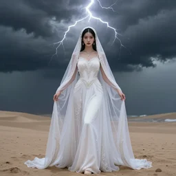 a wonderful symmetrical portrait of goddes with a beautiful face dressed with a long white semi transparent and ornate veil dress made of sand, behind here there is a storm, one flash on top, one flash in front of her, trending artstation, octane render 8 k