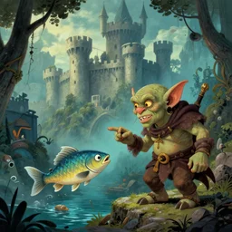 a goblin talking to a fish in a medieval castle, book cover