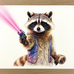 racoon holding a laser gun, guardians of the galaxy style, centered award winning watercolor pen drawing, by caroline choi, edited by range murata