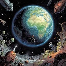very detailed, prophet graphic novel, ilya kuvshinov, rutkowski, simon roy, illustration of a malevolent planet viewed from space surrounded by space junk, wide shot, colorful, deep shadows,