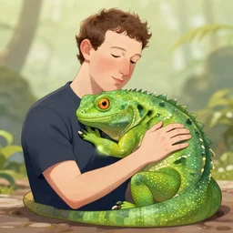 mark zuckerberg cuddling with a human sized lizard, anime digital art