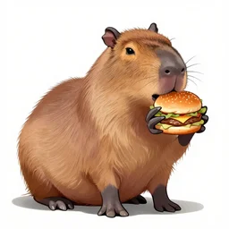 A humanoid obese capybara eating a burger, digital art