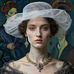 a beautiful futuristic portrait with hat made by wires and gauze twisted around her face, necklace made by wires, earing made by wires, design by leonardo davinci, inspired by egon schiele, modern art, baroque, jewelry, new classic, hyper realistic, highly detailed, cinematic composition, cinematic lighting, fashion design, concept art, hdri, 4 k