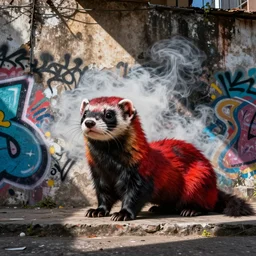 photo ( far _ shot ), subject [ furry _ fandom _ fursona ( red _ and _ black, weasel - ferret - stoat, smoke _ background ) ], medium [ graffiti ( spray _ paint ), favela _ wall ]