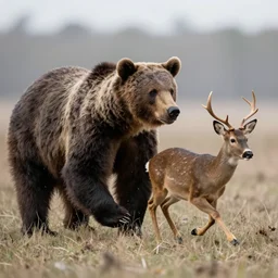 a bear chasing a deer, realistic photograph
