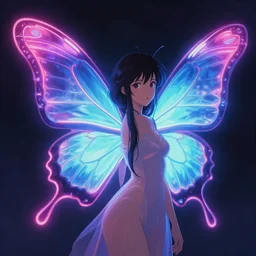 a neon butterfly with a womans body | hyperrealistic digital painting by makoto shinkai, ilya kuvshinov, lois van baarle, rossdraws | trending on artstation