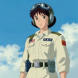 a female fighter pilot in the style of hayao miyazaki, 1 9 7 0 s usa, us navy, movie poster