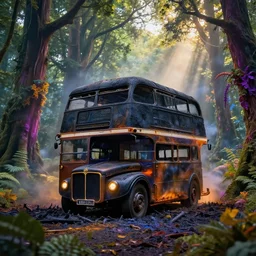 burnt double decker bus in a beautiful enchanted forest full of vibrant life, ray casting, light rays, award winning photo