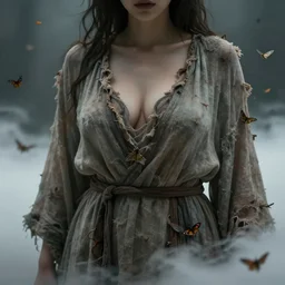 close - up of a curvy woman in tattered robes, in a cloud of moths. in a liminal space. dramatic. cinematic. concept art. 4 k, ultra - high - definition